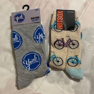 2 Pairs of NWT Patterned Crew Socks - York Peppermint Patty & Bicycle prints